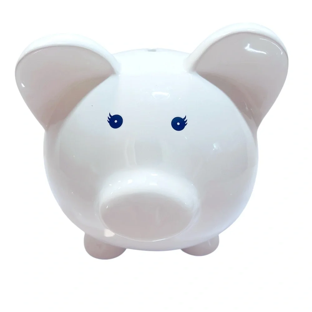 White Ceramic Piggy Bank with Pink and Purple Floral and Butterfly Designs.